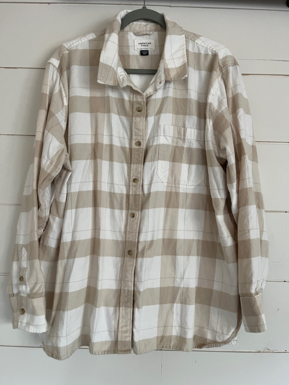 American Eagle Outfitters Men’s White and Beige Plaid Button-Down Shirt